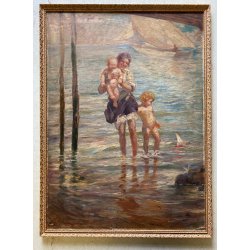 ANTICO DIPINTO olio Aprea Giuseppe SCENA MADRE BAMBINI GIOCHI MARE SPIAGGIA '900