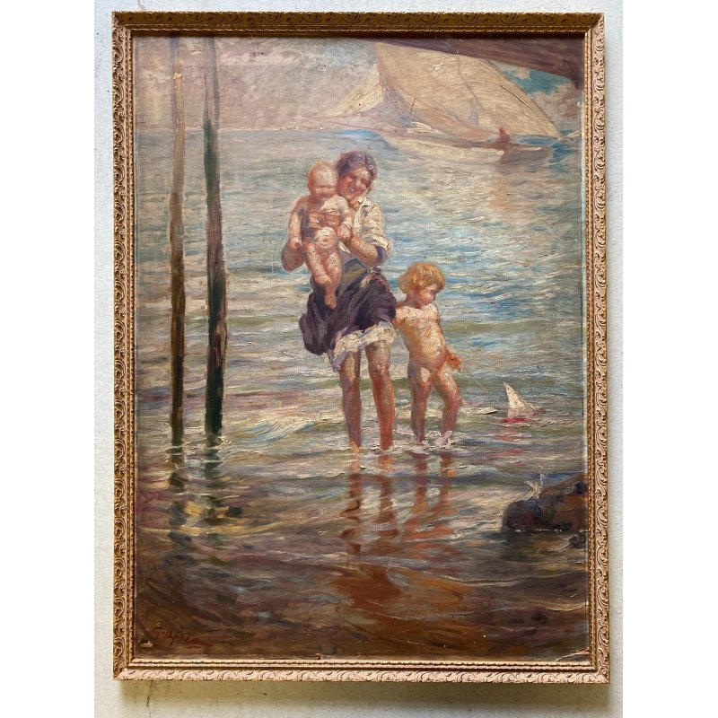 ANTICO DIPINTO olio Aprea Giuseppe SCENA MADRE BAMBINI GIOCHI MARE SPIAGGIA '900
