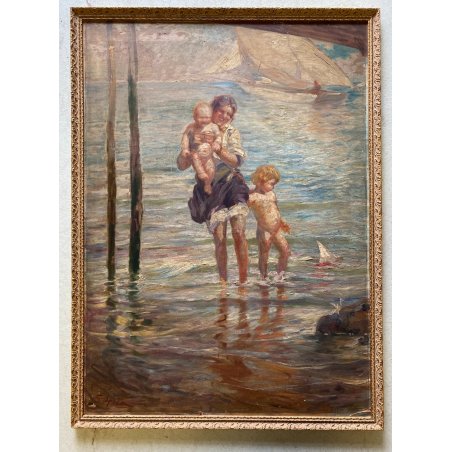 ANTICO DIPINTO olio Aprea Giuseppe SCENA MADRE BAMBINI GIOCHI MARE SPIAGGIA '900