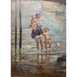 ANTICO DIPINTO olio Aprea Giuseppe SCENA MADRE BAMBINI GIOCHI MARE SPIAGGIA '900