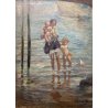 ANTICO DIPINTO olio Aprea Giuseppe SCENA MADRE BAMBINI GIOCHI MARE SPIAGGIA '900