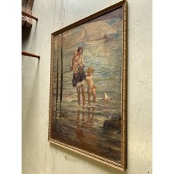 ANTICO DIPINTO olio Aprea Giuseppe SCENA MADRE BAMBINI GIOCHI MARE SPIAGGIA '900