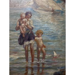 ANTICO DIPINTO olio Aprea Giuseppe SCENA MADRE BAMBINI GIOCHI MARE SPIAGGIA '900