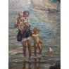 ANTICO DIPINTO olio Aprea Giuseppe SCENA MADRE BAMBINI GIOCHI MARE SPIAGGIA '900