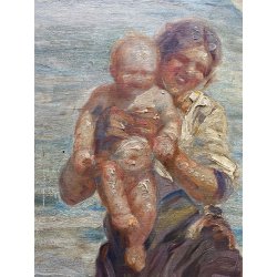 ANTICO DIPINTO olio Aprea Giuseppe SCENA MADRE BAMBINI GIOCHI MARE SPIAGGIA '900