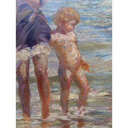 ANTICO DIPINTO olio Aprea Giuseppe SCENA MADRE BAMBINI GIOCHI MARE SPIAGGIA '900