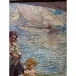 ANTICO DIPINTO olio Aprea Giuseppe SCENA MADRE BAMBINI GIOCHI MARE SPIAGGIA '900