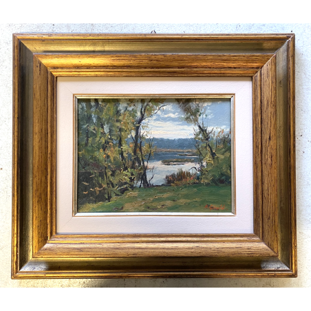 QUADRO DIPINTO OLIO Artino Giroldi PAESAGGIO LACUSTRE SELVA LAGO MAGGIORE '900