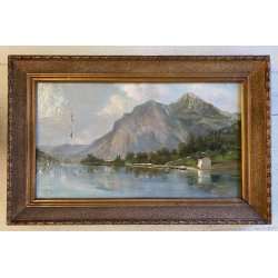 ANTICO DIPINTO OLIO TELA FIRMATO A. Martignoni PAESAGGIO LACUSTRE MONTAGNE '900