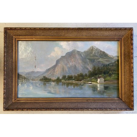 ANTICO DIPINTO OLIO TELA FIRMATO A. Martignoni PAESAGGIO LACUSTRE MONTAGNE '900