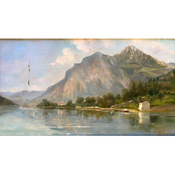 ANTICO DIPINTO OLIO TELA FIRMATO A. Martignoni PAESAGGIO LACUSTRE MONTAGNE '900