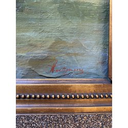 ANTICO DIPINTO OLIO TELA FIRMATO A. Martignoni PAESAGGIO LACUSTRE MONTAGNE '900