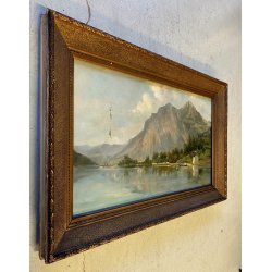 ANTICO DIPINTO OLIO TELA FIRMATO A. Martignoni PAESAGGIO LACUSTRE MONTAGNE '900