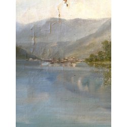 ANTICO DIPINTO OLIO TELA FIRMATO A. Martignoni PAESAGGIO LACUSTRE MONTAGNE '900