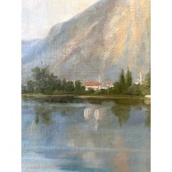 ANTICO DIPINTO OLIO TELA FIRMATO A. Martignoni PAESAGGIO LACUSTRE MONTAGNE '900