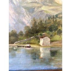 ANTICO DIPINTO OLIO TELA FIRMATO A. Martignoni PAESAGGIO LACUSTRE MONTAGNE '900