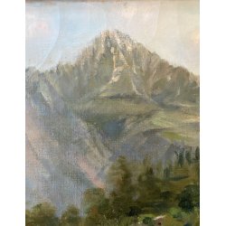 ANTICO DIPINTO OLIO TELA FIRMATO A. Martignoni PAESAGGIO LACUSTRE MONTAGNE '900