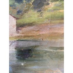 ANTICO DIPINTO OLIO TELA FIRMATO A. Martignoni PAESAGGIO LACUSTRE MONTAGNE '900