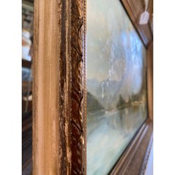 ANTICO DIPINTO OLIO TELA FIRMATO A. Martignoni PAESAGGIO LACUSTRE MONTAGNE '900