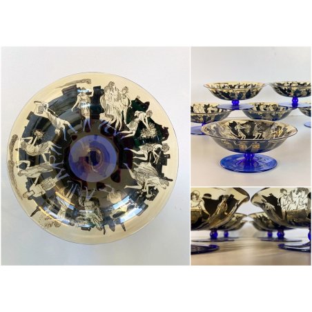 RARO SET 6 COPPE VETRO MURANO Vedar Milano DECORO NEOCLASSICO ANNI '30 ø12,5cm