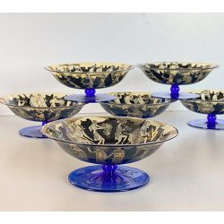 RARO SET 6 COPPE VETRO MURANO Vedar Milano DECORO NEOCLASSICO ANNI '30 ø12,5cm