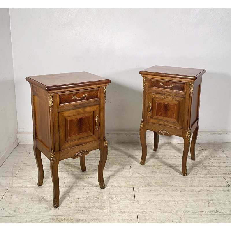 ANTICA COPPIA COMODINO STILE LUIGI XV LEGNO PRIMI 1900 CASSETTO ANTA OTTONE