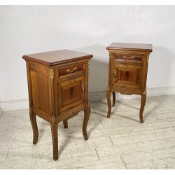 ANTICA COPPIA COMODINO STILE LUIGI XV LEGNO PRIMI 1900 CASSETTO ANTA OTTONE