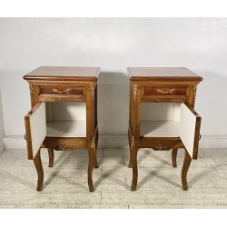 ANTICA COPPIA COMODINO STILE LUIGI XV LEGNO PRIMI 1900 CASSETTO ANTA OTTONE