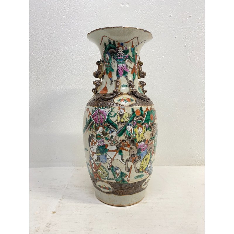 VASO PORCELLANA CINESE FAMILLE VERDE DECORO SCENE BATTAGLIA CANI DI FO XX sec
