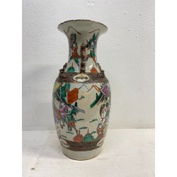 VASO PORCELLANA CINESE FAMILLE VERDE DECORO SCENE BATTAGLIA CANI DI FO XX sec