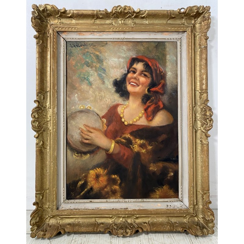 QUADRO DIPINTO OLIO TAVOLA G. Maldarelli RITRATTO ZINGARA DONNA GITANA '900