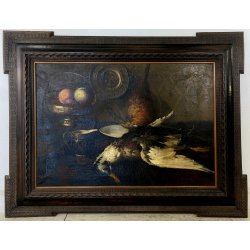 ANTICO DIPINTO OLIO NATURA MORTA FRUTTA CACCIAGIONE CORNICE GUILLOCHé FIRMA '800
