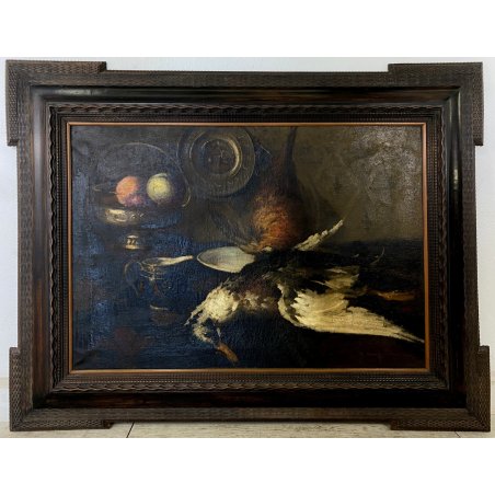 ANTICO DIPINTO OLIO NATURA MORTA FRUTTA CACCIAGIONE CORNICE GUILLOCHé FIRMA '800