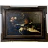 ANTICO DIPINTO OLIO NATURA MORTA FRUTTA CACCIAGIONE CORNICE GUILLOCHé FIRMA '800