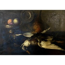 ANTICO DIPINTO OLIO NATURA MORTA FRUTTA CACCIAGIONE CORNICE GUILLOCHé FIRMA '800