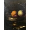 ANTICO DIPINTO OLIO NATURA MORTA FRUTTA CACCIAGIONE CORNICE GUILLOCHé FIRMA '800