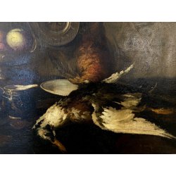 ANTICO DIPINTO OLIO NATURA MORTA FRUTTA CACCIAGIONE CORNICE GUILLOCHé FIRMA '800