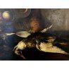 ANTICO DIPINTO OLIO NATURA MORTA FRUTTA CACCIAGIONE CORNICE GUILLOCHé FIRMA '800