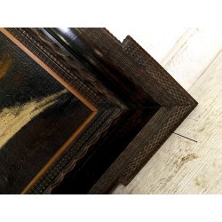ANTICO DIPINTO OLIO NATURA MORTA FRUTTA CACCIAGIONE CORNICE GUILLOCHé FIRMA '800