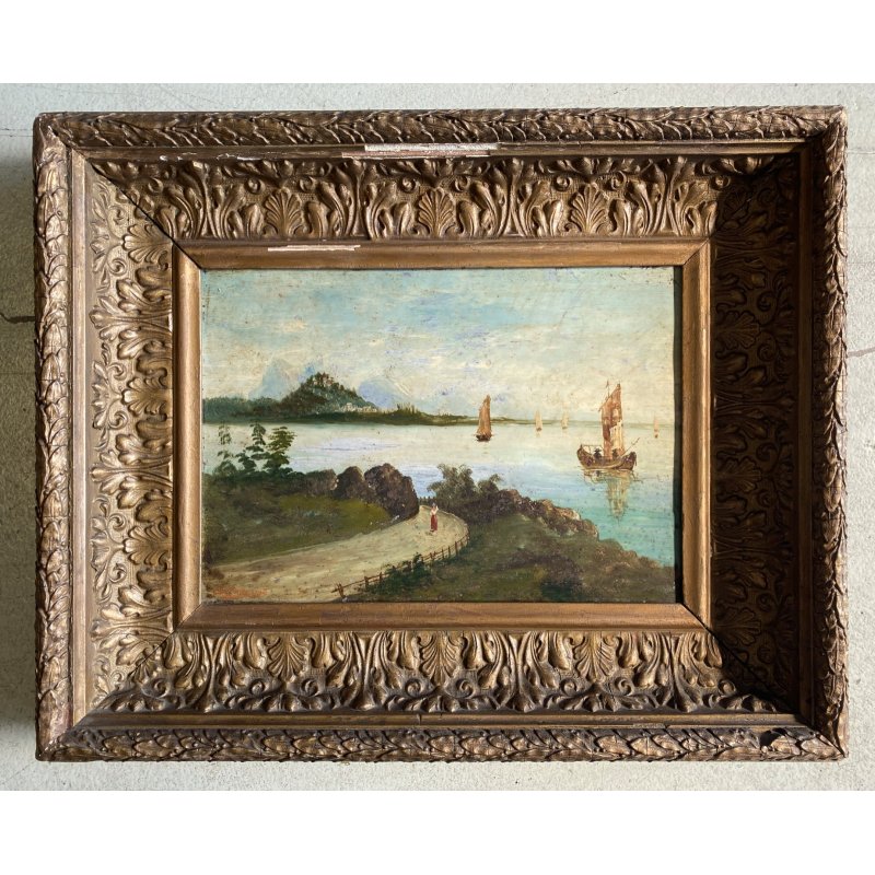 ANTICO DIPINTO OLIO su METALLO Capriata FF.VE PAESAGGIO LACUSTRE MONTAGNE FIGURA