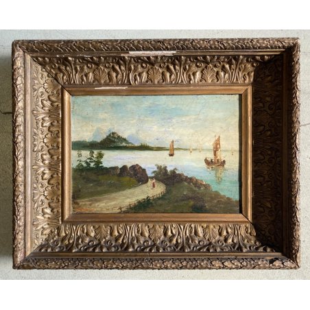 ANTICO DIPINTO OLIO su METALLO Capriata FF.VE PAESAGGIO LACUSTRE MONTAGNE FIGURA