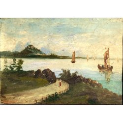 ANTICO DIPINTO OLIO su METALLO Capriata FF.VE PAESAGGIO LACUSTRE MONTAGNE FIGURA