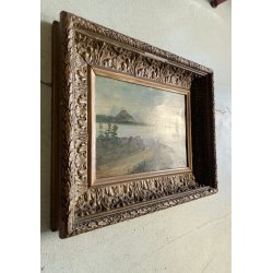ANTICO DIPINTO OLIO su METALLO Capriata FF.VE PAESAGGIO LACUSTRE MONTAGNE FIGURA