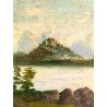 ANTICO DIPINTO OLIO su METALLO Capriata FF.VE PAESAGGIO LACUSTRE MONTAGNE FIGURA