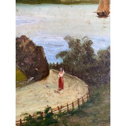 ANTICO DIPINTO OLIO su METALLO Capriata FF.VE PAESAGGIO LACUSTRE MONTAGNE FIGURA