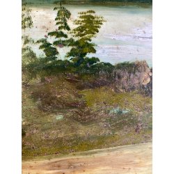 ANTICO DIPINTO OLIO su METALLO Capriata FF.VE PAESAGGIO LACUSTRE MONTAGNE FIGURA