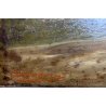 ANTICO DIPINTO OLIO su METALLO Capriata FF.VE PAESAGGIO LACUSTRE MONTAGNE FIGURA