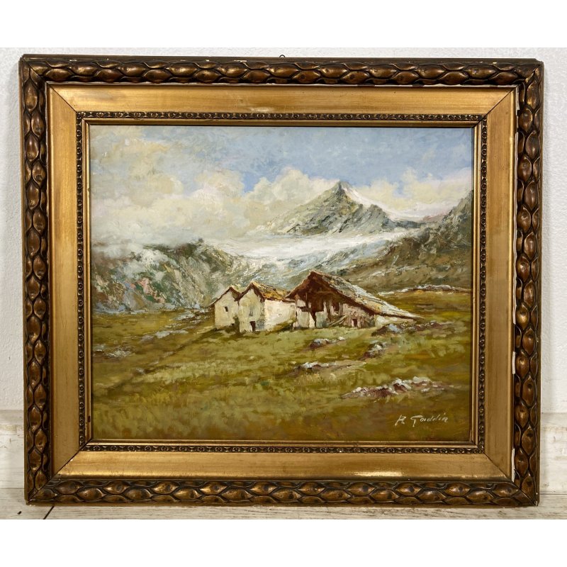 ANTICO QUADRO OLIO P. Gaddia PAESAGGIO ALPINO ALPEGGIO BAITA MONTAGNA '900