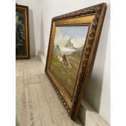 ANTICO QUADRO OLIO P. Gaddia PAESAGGIO ALPINO ALPEGGIO BAITA MONTAGNA '900