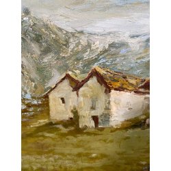 ANTICO QUADRO OLIO P. Gaddia PAESAGGIO ALPINO ALPEGGIO BAITA MONTAGNA '900